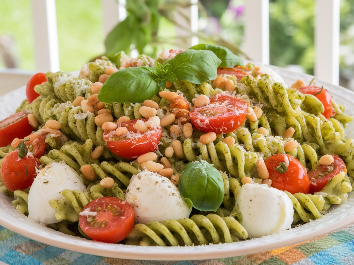 Easy Pesto Pasta Salad Recipe A bowl of pesto pasta salad with cherry tomatoes, mozzarella, and basil, garnished with pine nuts and Parmesan.